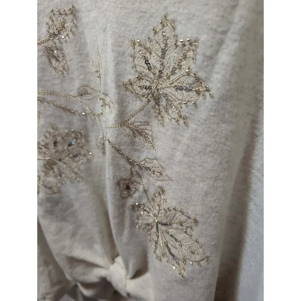 NEW! Democracy V-Neck Knot Hem Long-Sleeve Top Cream Size S Beaded Sequins